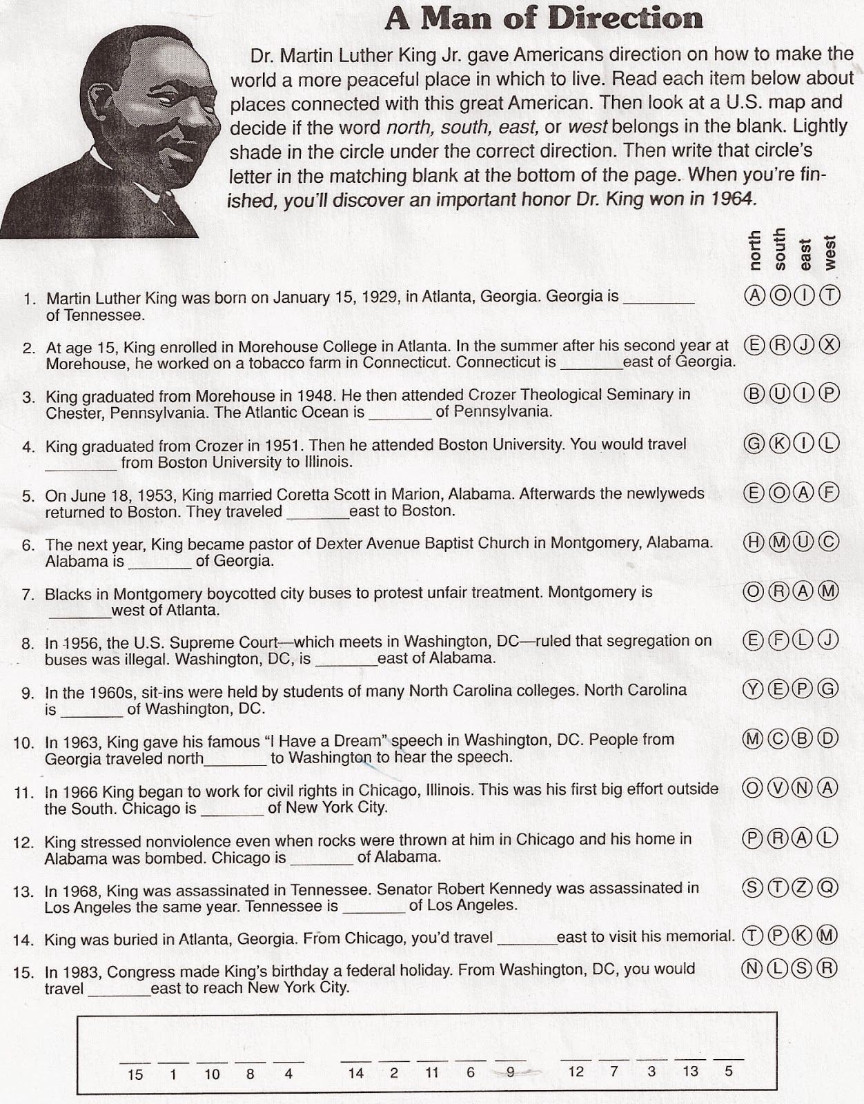 ELEMENTARY SCHOOL ENRICHMENT ACTIVITIES: MARTIN LUTHER KING DAY WORKSHEETS